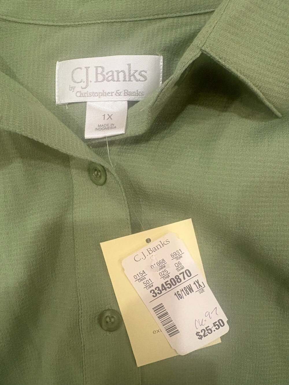 CJ Banks Green Long Sleeve Tunic Blouse Button Down Shirt Plus Size 16/18W 1X - Picture 4 of 7